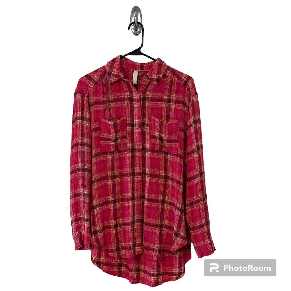 Pilcro‎ Anthropologie Pink Plaid Pockets Crinkle Tunic Button Collared Top XS